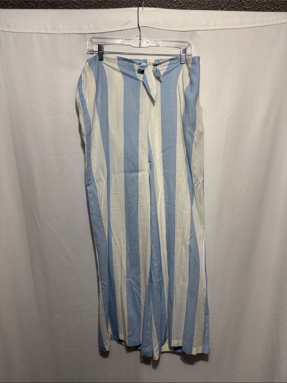 Sky Blue & White Striped Wide-Leg Tie-Waist Pants